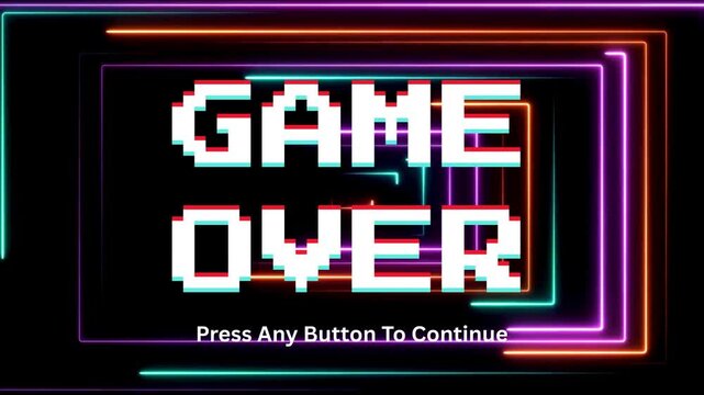 GAME OVER screen with pixelated text and neon light border for video games and retro gaming