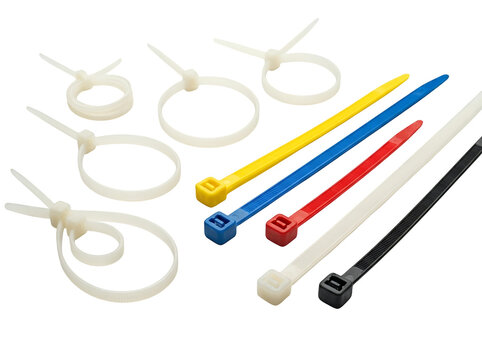 Colorful plastic cable ties collection, industrial nylon zip ties for wire management, assorted fastener straps for electrical organization isolated on Transparent Background