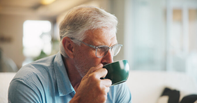 Thinking, old man and drink coffee in home for calm, relax and perspective with retirement in morning. Thoughts, living room and senior person with beverage, nostalgia and remember memory with peace
