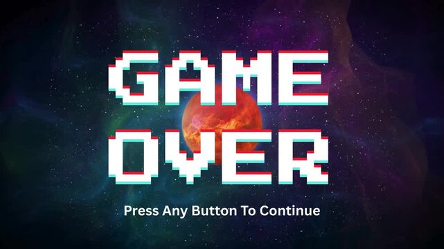 Game Over Screen with Pixelated Text and Red Planet Background - High-Resolution Digital Art