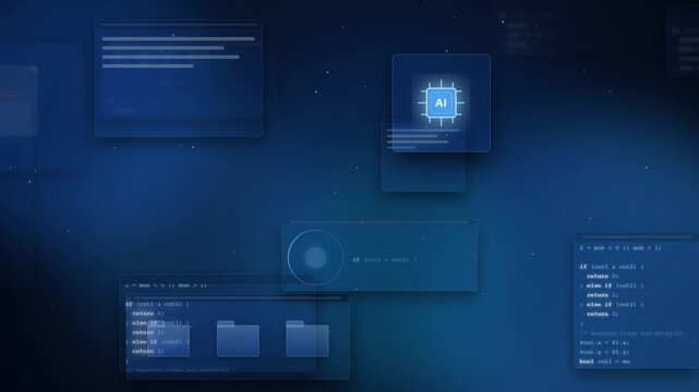 Abstract digital background with ai chip icon, programming code snippets, and floating interface windows