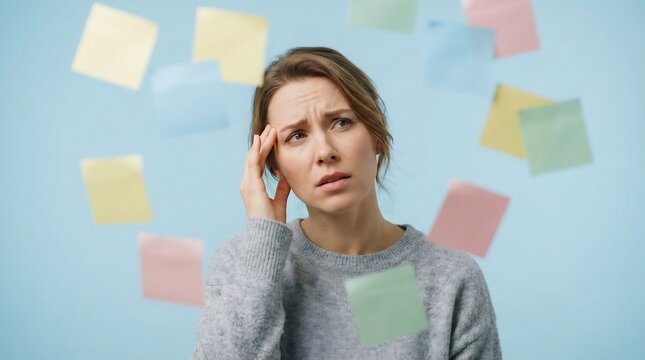 Woman stands amidst floating colorful sticky notes while appearing overwhelmed and deep in thought as she tries to manage her daily tasks and busy schedule in a chaotic mental state of confusion.