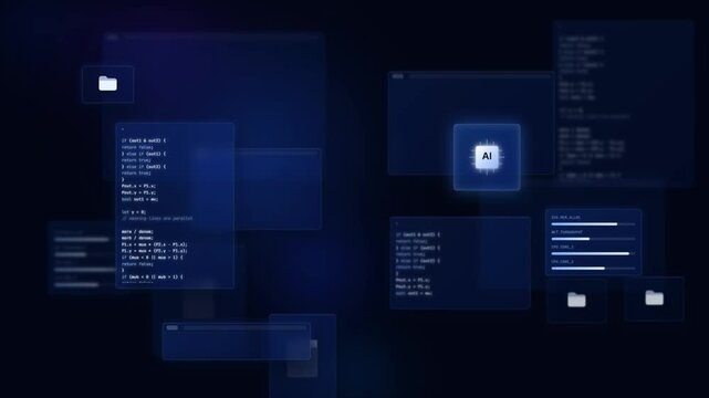 Abstract digital background with floating code windows and artificial intelligence chip icon