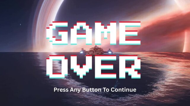Pixelated 'Game Over' Screen Overlay on a Mystical Sci-Fi Seascape with Ringed Planet and Floating Island &ndash; Press to Continue