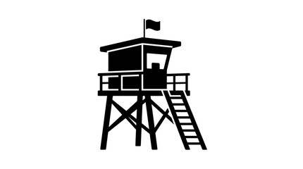 Lifeguard tower stands as a bold black silhouette against a clean white background, providing a clear visual symbol of coastal safety and surveillance for beach management and tourism campaigns. © Design