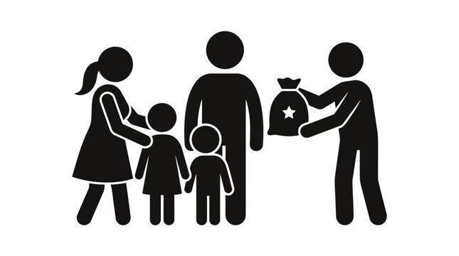 Family receiving a donation of goods from a benefactor represents the importance of community support and social welfare programs in helping those who are struggling to make ends meet during hard.