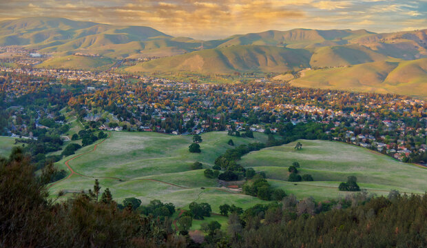 A sweeping landscape views captured from Mitchell Canyon on Mount Diablo, overlooking the rolling green hills and suburban communities of California&rsquo;s East Bay.