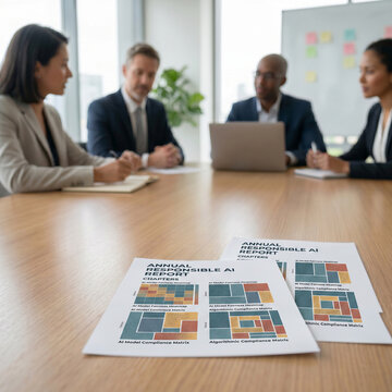 Business team reviewing responsible AI compliance report