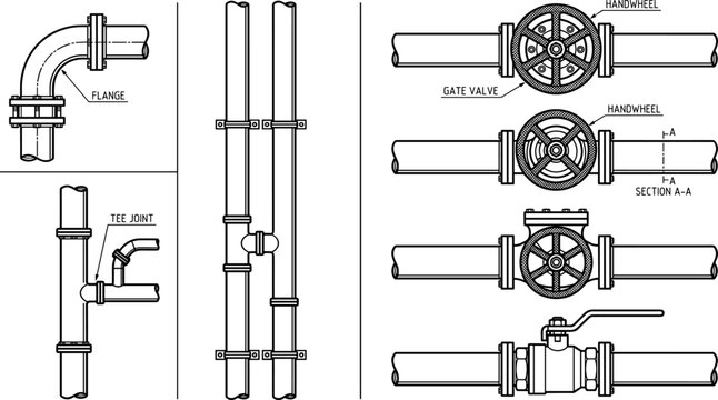 Industrial Pipeline Engineering Drawing Featuring Gate Valves, Flange Connections, Tee Joints, and Pipe System Technical Blueprint Illustration
