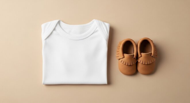 Folded White Baby Bodysuit and Brown Moccasin Shoes on Beige Background