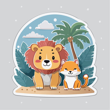 Cute cartoon lion and fox friends in a tropical setting