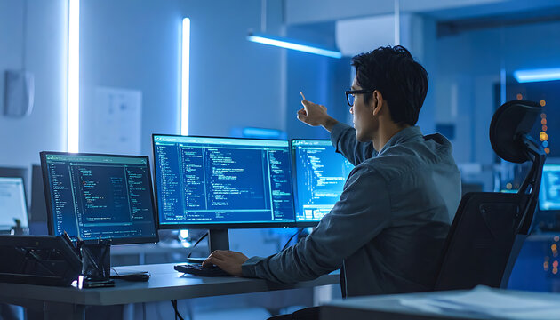 Man in glasses pointing at glowing computer code on multiple monitors in a modern office, big data analysis