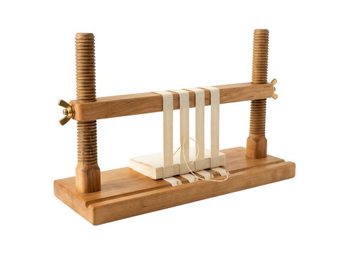 Traditional wooden bookbinding sewing frame, professional bookbinding equipment for hand-stitched books, vintage bookbinding tool with adjustable screws isolated on Transparent Background