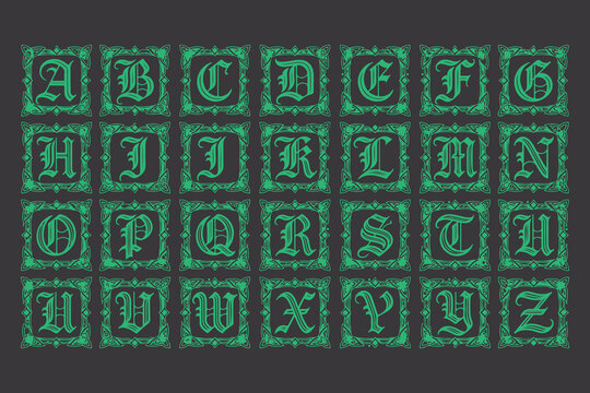 Old english alphabet gothic font letters vintage ornamental celtic design lettering english.