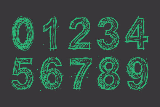 Hand drawn numbers digits doodle sketch style illustration counting math numeral graphic.