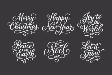 Merry christmas happy new year peace on earth noel let it snow calligraphy text overlay festive holiday greetings. © Sadhin