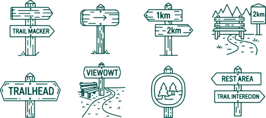 Set of eight wooden trail marker and directional signpost illustrations for hiking paths. © Sadhin