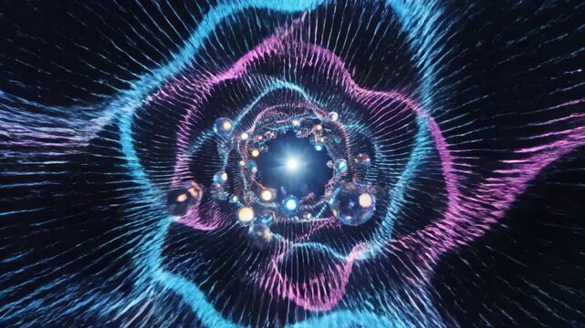 Glowing neon audio spectrum waves moving through a dark space filled with floating geometric shaped spheres
