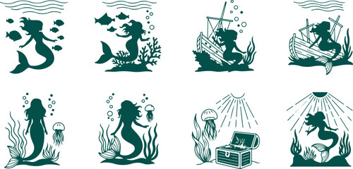 Mermaid underwater scenes with treasure chest and ship. © Sadhin