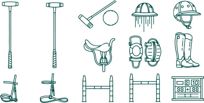 Polo sport equipment and accessories outline icons.