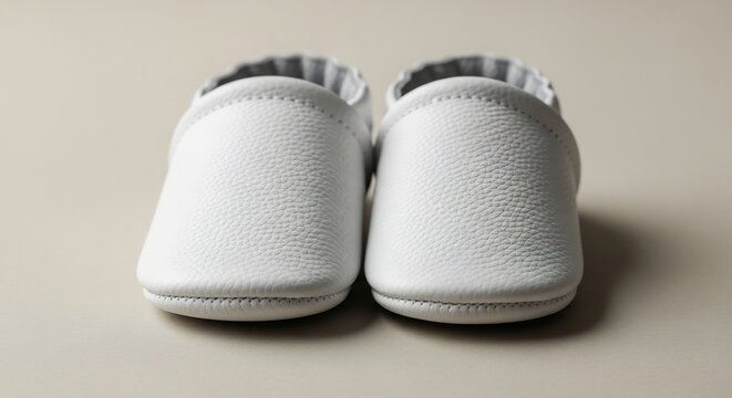 Soft White Baby Booties Placed on Neutral Beige Studio Background