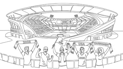 Fototapeta premium Single Line Illustration of Modern Football Stadium with Cheering Fans – International 2026 Tournament Sports Arena Design