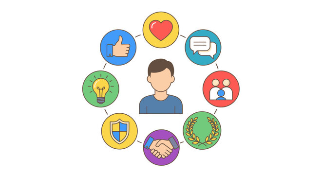 Customer centricity concept with icons representing values, relationships, and success around a person