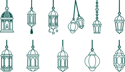Decorative lanterns icons for festivals and celebrations with intricate designs and hanging elements for ambient lighting. © Sadhin