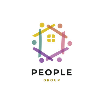 Abstract community house logo with people holding hands around it