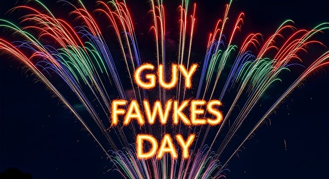 Colorful fireworks exploding in night sky with guy fawkes day text