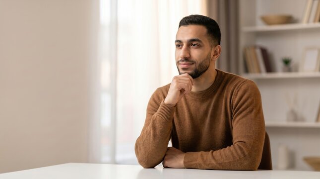 Thoughtful Young Arab Man Pondering Life Decisions at Home.