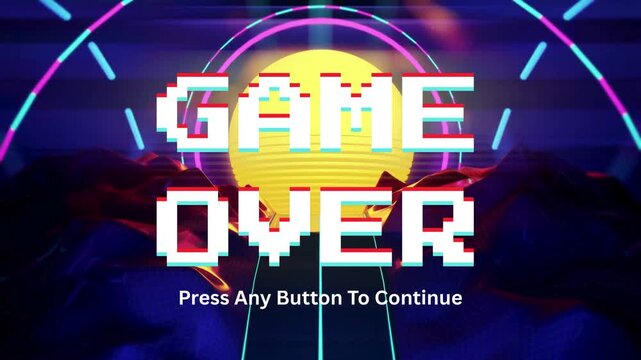 Retro 80s Arcade Game Over Screen with Synthwave Sunset and Neon Lights