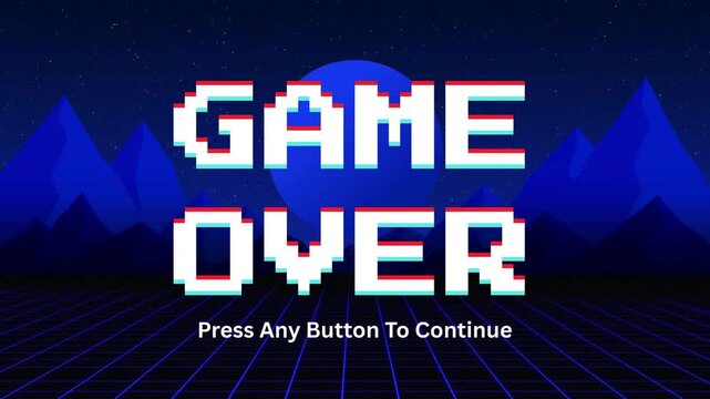 Retro pixel art 'Game Over' screen with futuristic synthwave aesthetics, indicating the end of an arcade video game session and prompting to continue