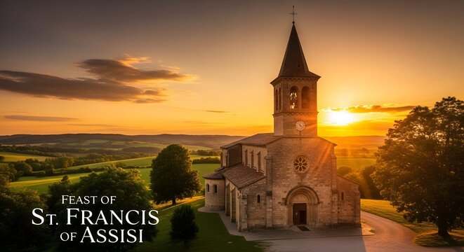 Feast Of St. Francis Of Assisi with Rural church with bell tower at sunset, golden light