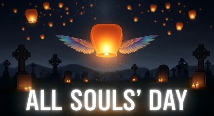 All Souls' Day Glowing lantern with wings floating among gravestones at night