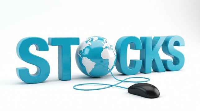 Global Stock Market Online: The word STOCKS in bold blue font is shown with a 3D globe integrated into the letter O, representing the global stock market.