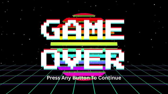 A vibrant retro pixelated 'game over' message displayed on a classic arcade screen, featuring bright neon colors and a futuristic grid background, evoking nostalgic digital design aesthetics