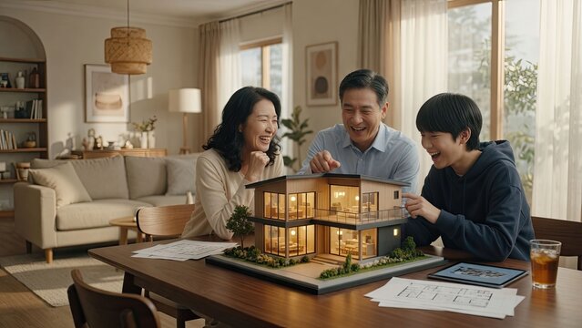 Family enjoys happiness building dream home model together in cozy living room