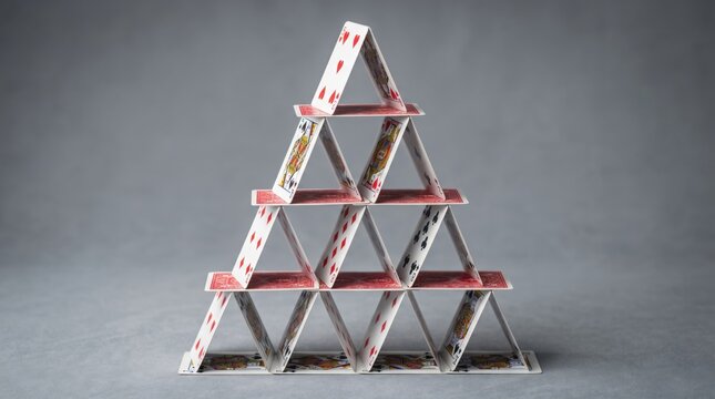 Precarious Pyramid of Cards: A tall, multi-tiered house of cards stands in delicate balance, showcasing patience, precision, and the inherent fragility of the structure.