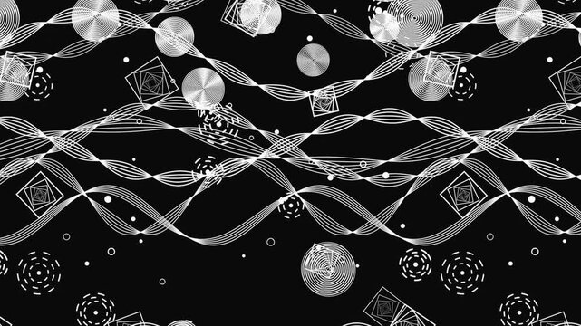 Abstract geometric pattern with wavy lines, circles, and squares on a black background