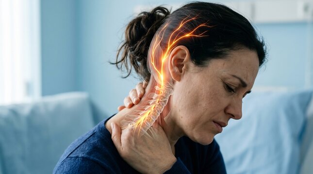 Woman feeling discomfort in her upper back and neck arches while a detailed anatomical overlay highlights the glowing spinal nerves and inflamed tissue points requiring immediate medical intervention.