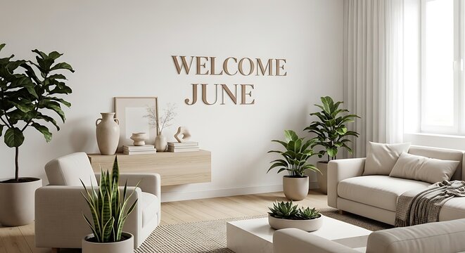 Modern living room with welcome june home decor and plants.