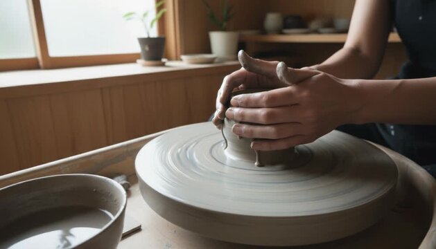 Crafting clay magic on a traditional Japanese pottery wheel in a serene workshop