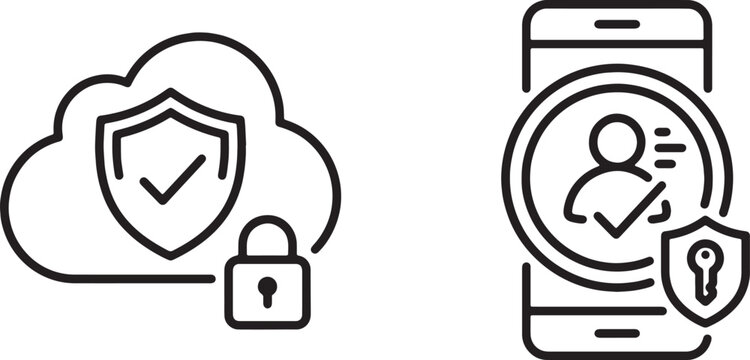 Art & Illustration, Secure cloud computing security and storage lock icon vector. Protected database server shield with secondary padlock cloud.