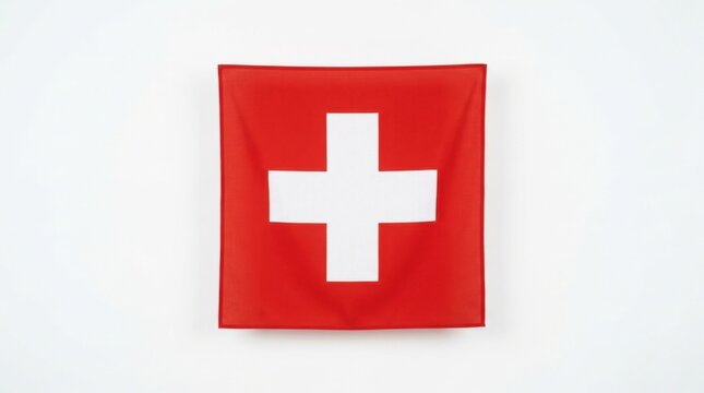 National flag of Switzerland, a square red fabric banner featuring a centered white cross with equilateral arms, isolated on a plain white background for professional use.