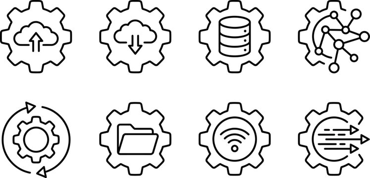 Black line icons of gear with cloud upload download database network