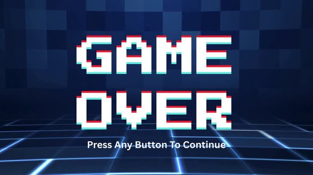 Game Over screen with 8-bit font, game over text and a message to press any button to continue