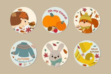 Fototapeta premium A beautiful collection of round badges featuring an adorable squirrel, hedgehog, rabbit, pumpkin, and warm winter clothes with sweet fall typography. Vector illustration