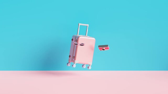 Pink Suitcase on pastel blue and pink background. 3d rendering	