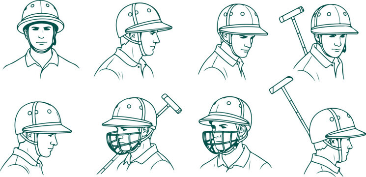 Portraits of polo players with helmets and face guards, some holding mallets, showing different angles.